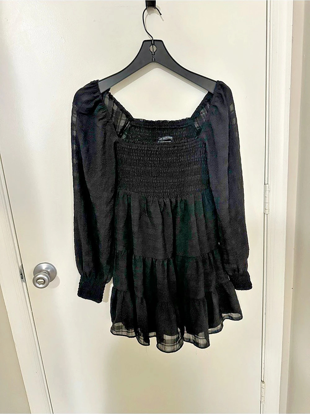 Urban Outfitters UO Francis Smocked Long Sleeve Mini Dress Black S-P